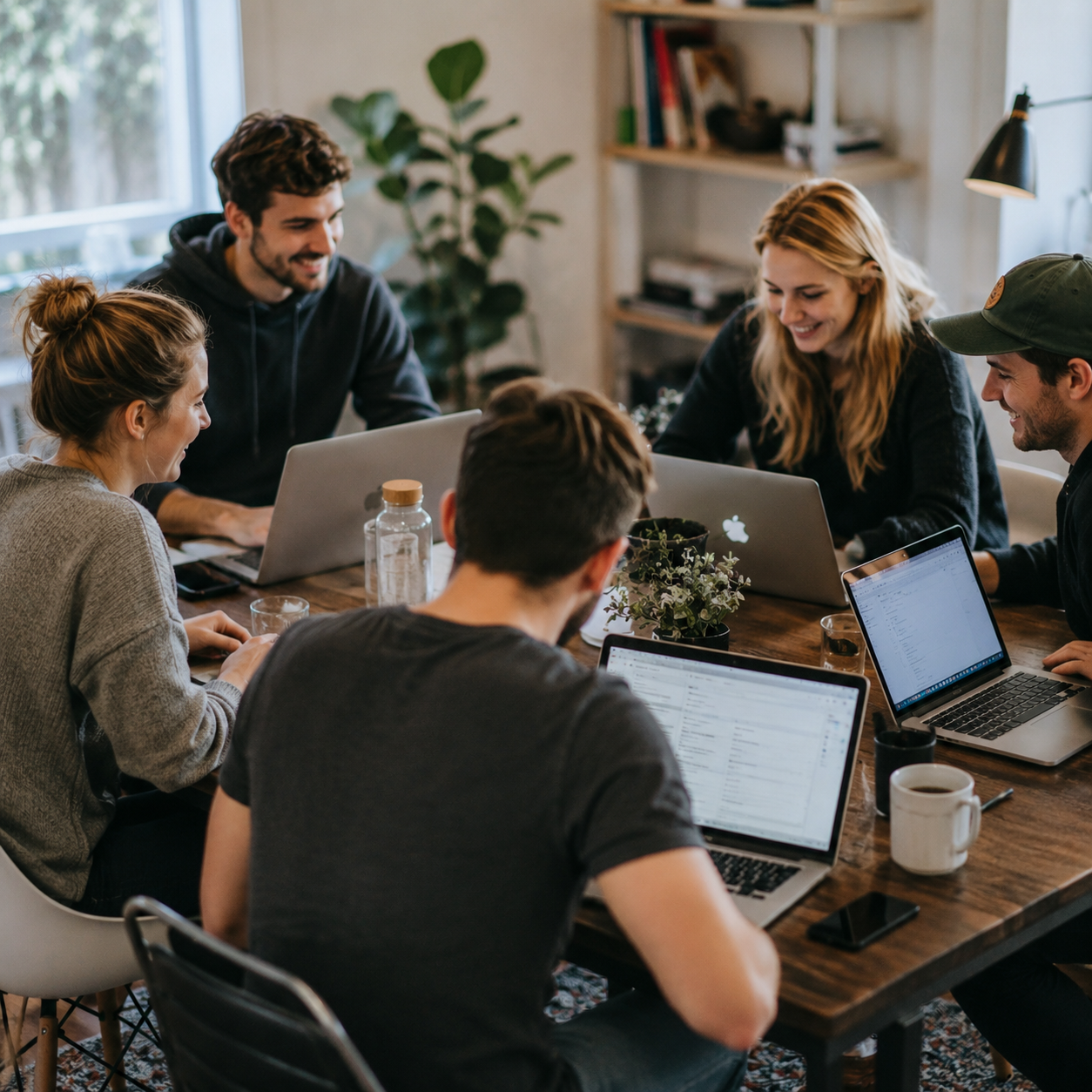 Sales team collaborating around a WhatsApp customer conversation