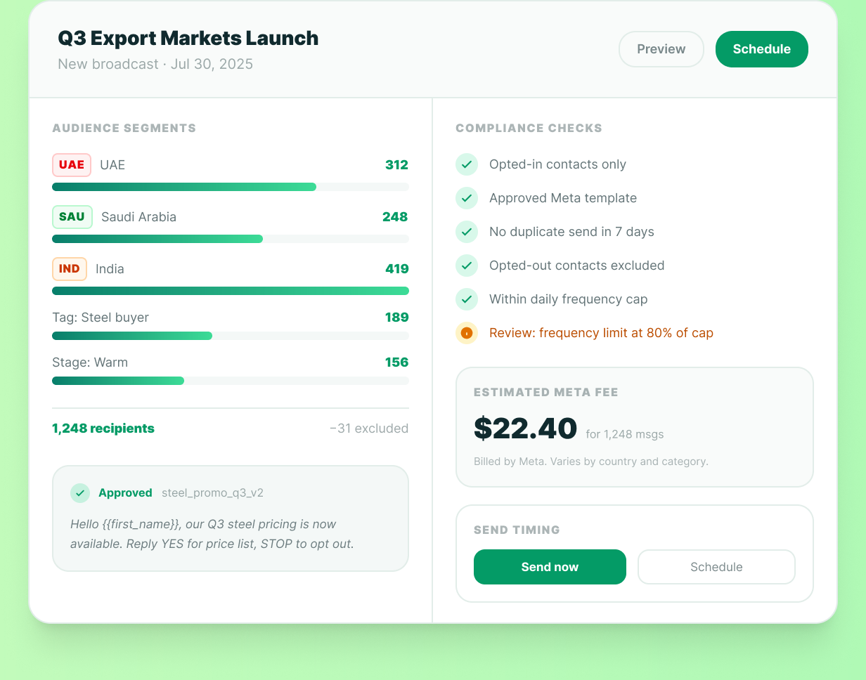 Broadcast audience, compliance checks, Meta fee and send timing preview