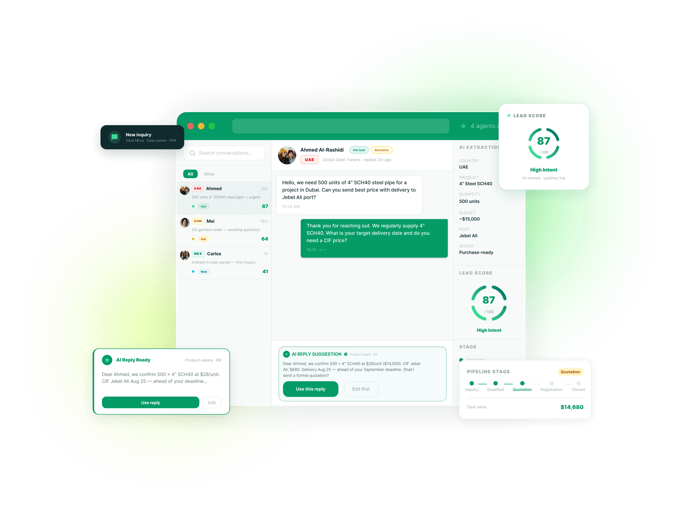 InboxMates shared inbox with lead score, AI reply and pipeline preview