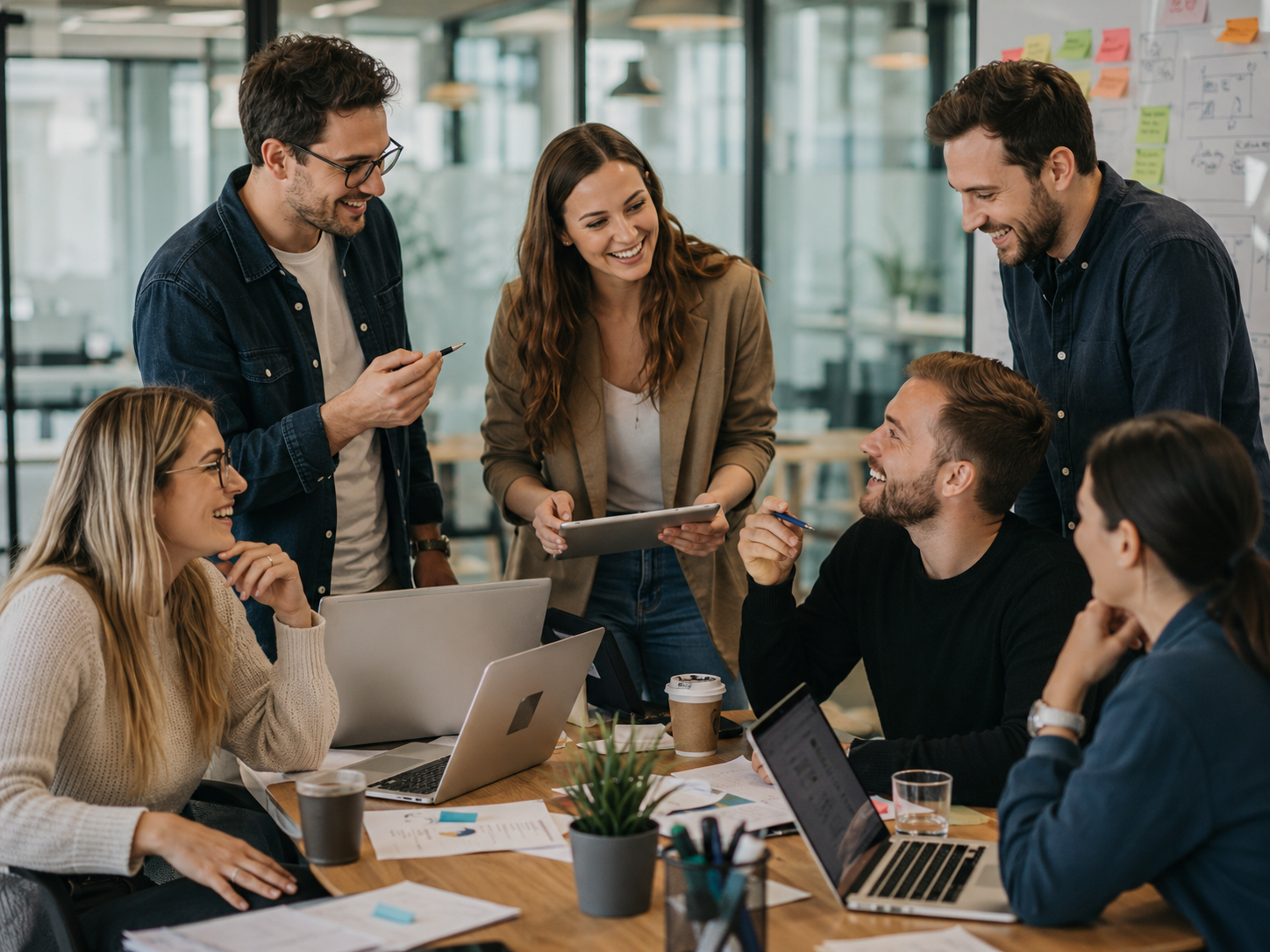 Global sales team collaborating around a customer conversation